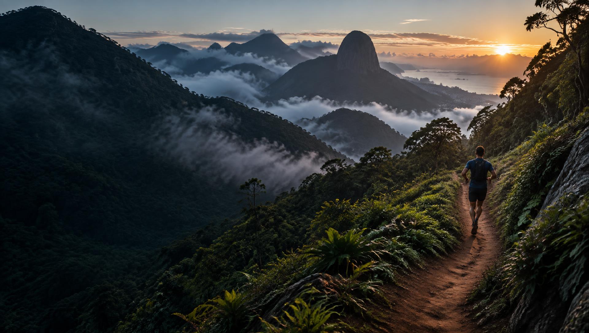 Corredor em uma trilha nas montanhas ao amanhecer